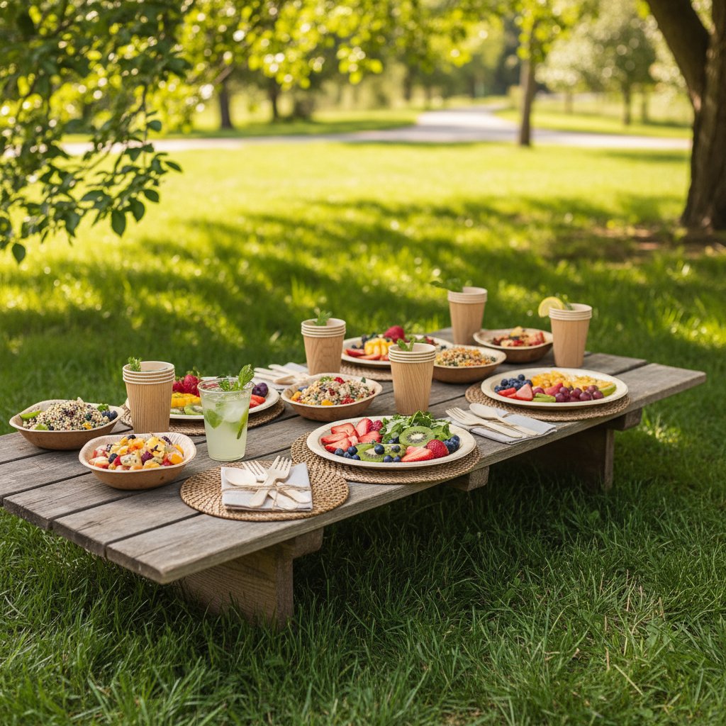Eco-friendly disposable plates and cutlery made from natural materials for picnics
